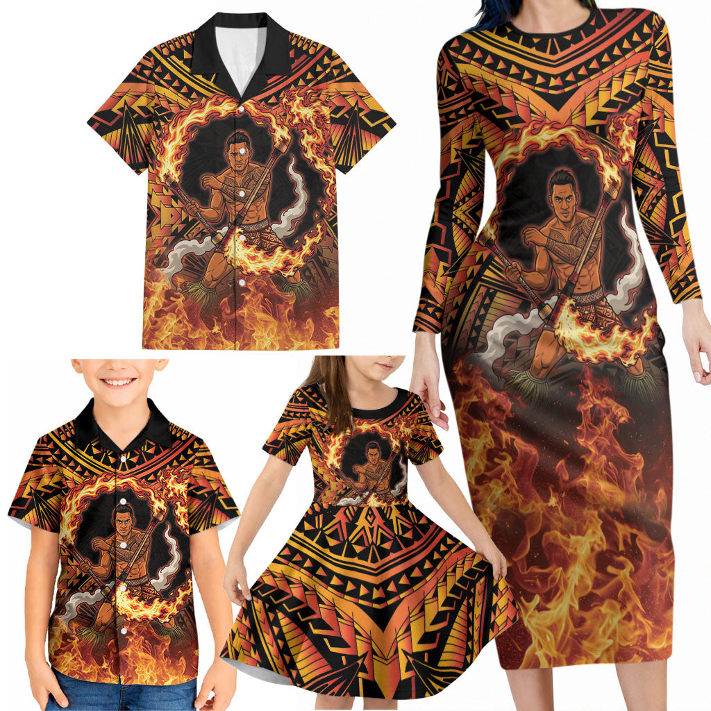 Samoa Siva Afi Dance Fireknife Family Matching Long Sleeve Bodycon Dress and Hawaiian Shirt Samoan Tribal Motif Dancing in the Fire