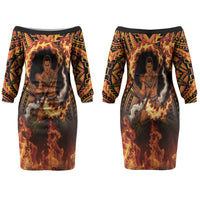 Samoa Siva Afi Dance Fireknife Family Matching Off The Shoulder Long Sleeve Dress and Hawaiian Shirt Samoan Tribal Motif Dancing in the Fire