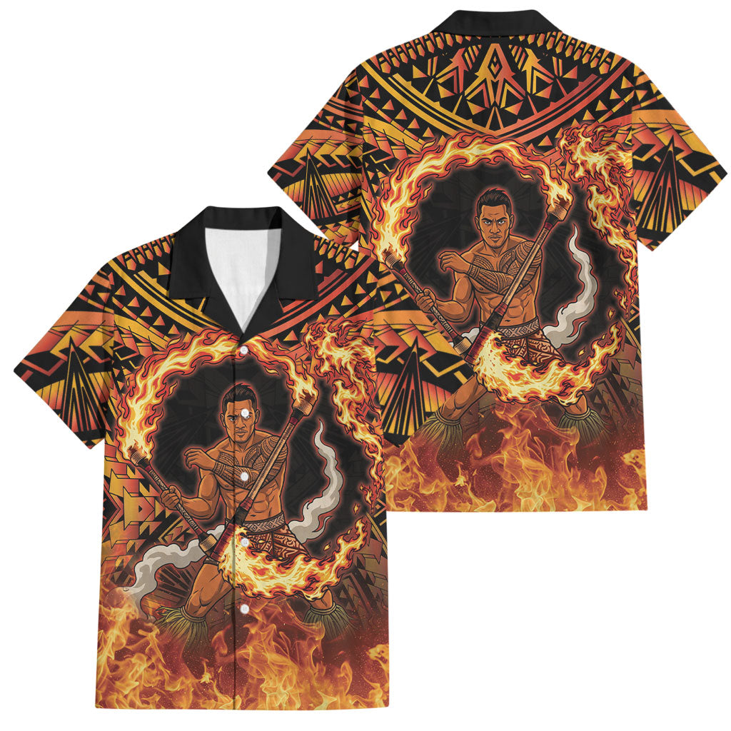 Samoa Siva Afi Dance Fireknife Family Matching Off The Shoulder Long Sleeve Dress and Hawaiian Shirt Samoan Tribal Motif Dancing in the Fire