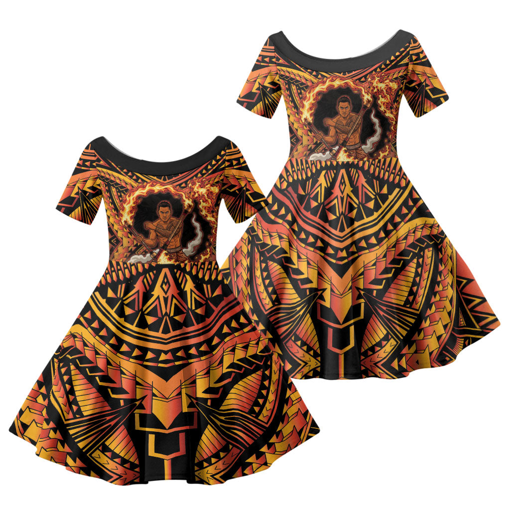Samoa Siva Afi Dance Fireknife Family Matching Off The Shoulder Long Sleeve Dress and Hawaiian Shirt Samoan Tribal Motif Dancing in the Fire