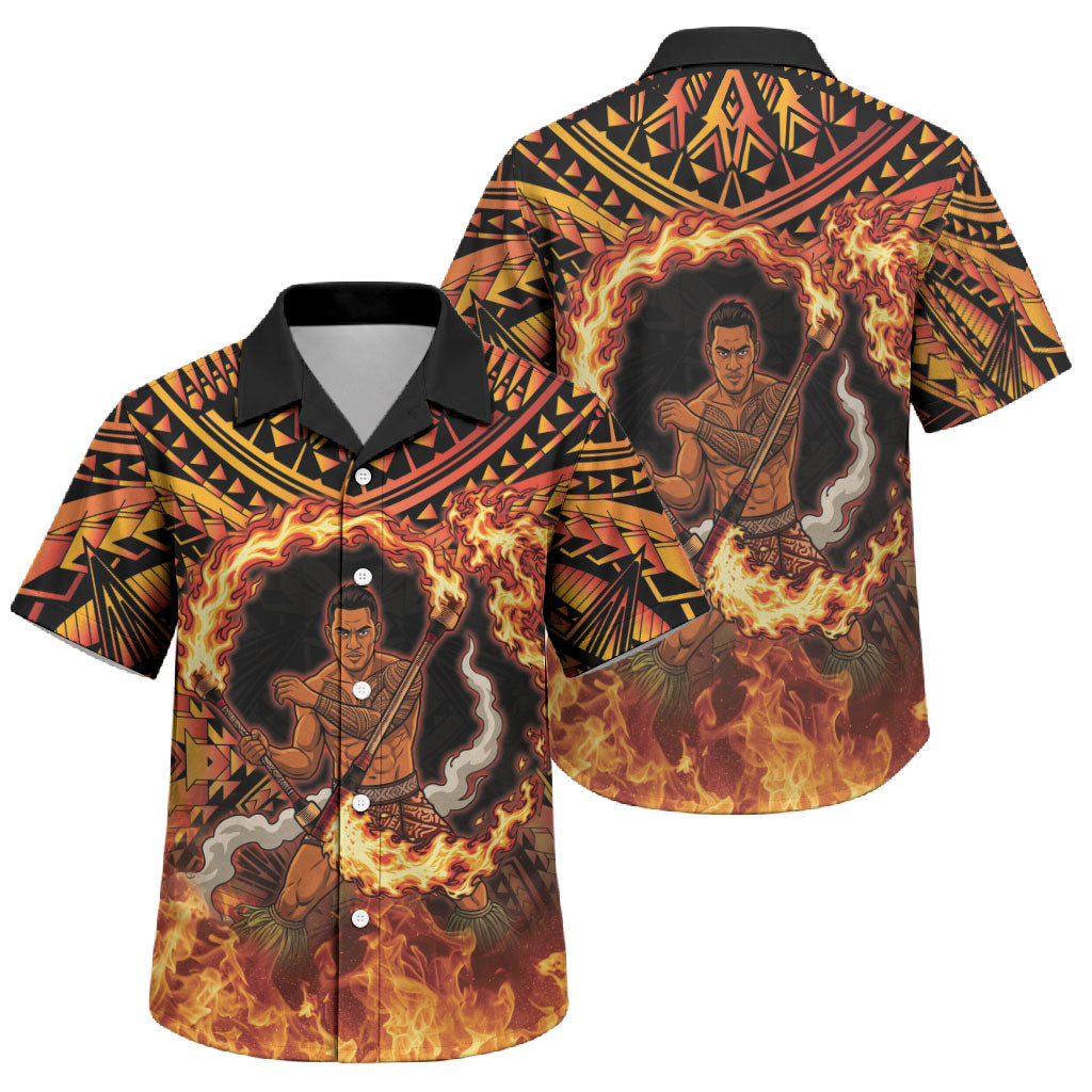 Samoa Siva Afi Dance Fireknife Family Matching Off The Shoulder Long Sleeve Dress and Hawaiian Shirt Samoan Tribal Motif Dancing in the Fire