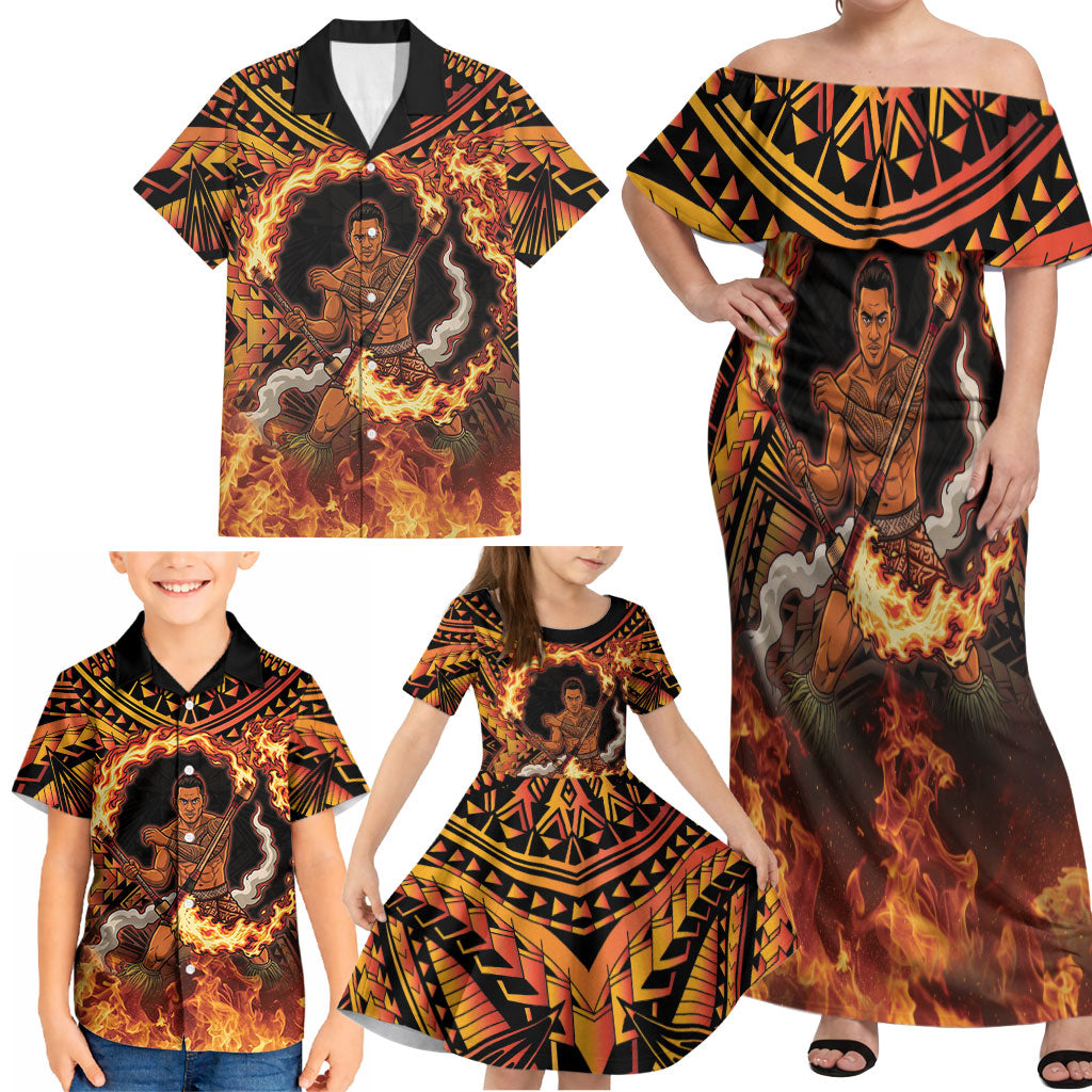 Samoa Siva Afi Dance Fireknife Family Matching Off Shoulder Maxi Dress and Hawaiian Shirt Samoan Tribal Motif Dancing in the Fire