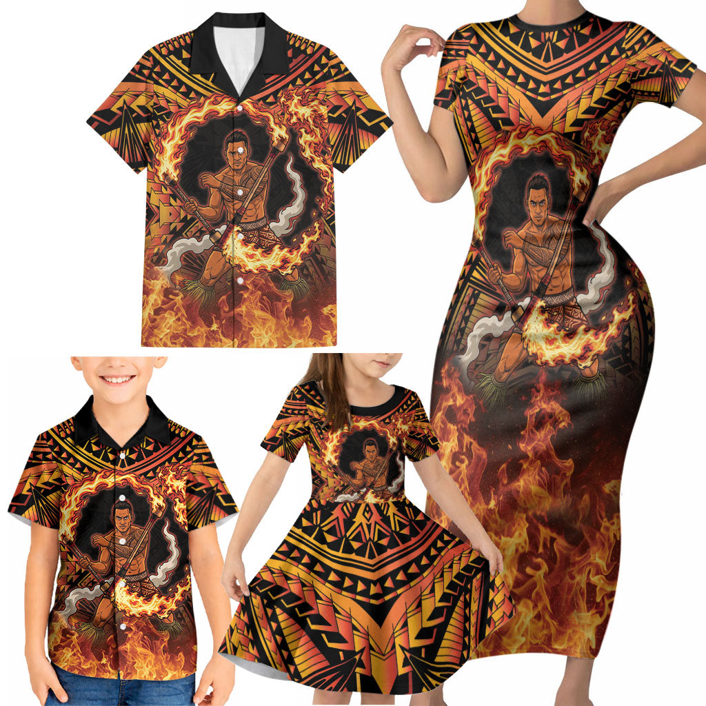 Samoa Siva Afi Dance Fireknife Family Matching Short Sleeve Bodycon Dress and Hawaiian Shirt Samoan Tribal Motif Dancing in the Fire