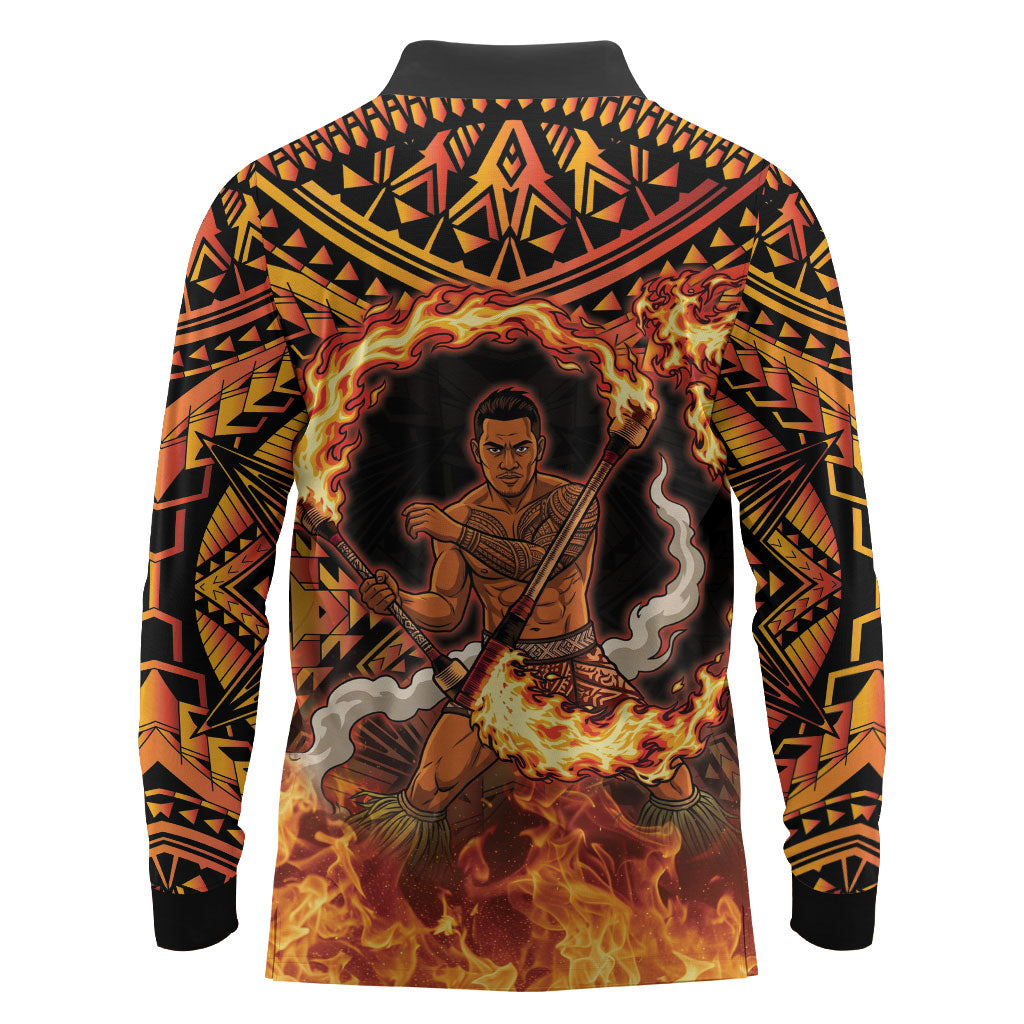 Samoa Siva Afi Dance Fireknife Long Sleeve Polo Shirt Samoan Tribal Motif Dancing in the Fire
