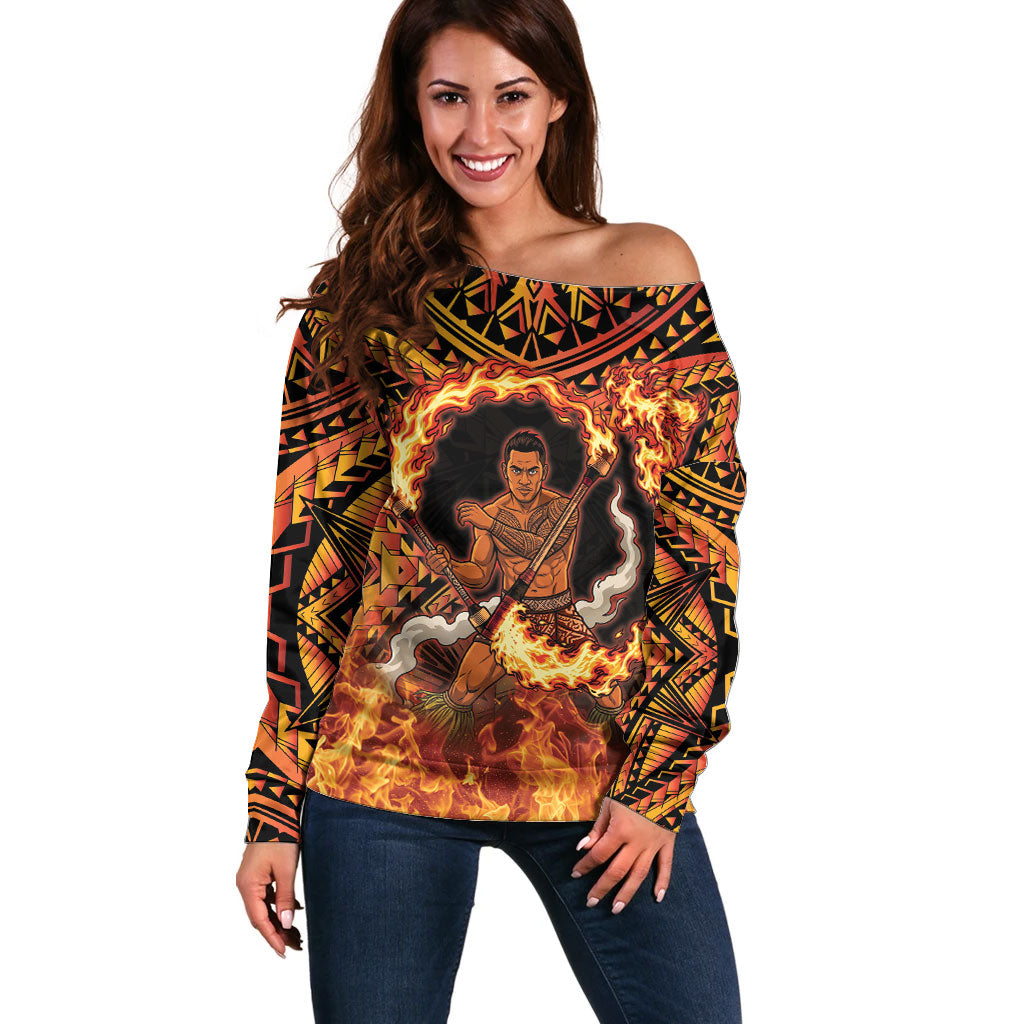 Samoa Siva Afi Dance Fireknife Off Shoulder Sweater Samoan Tribal Motif Dancing in the Fire