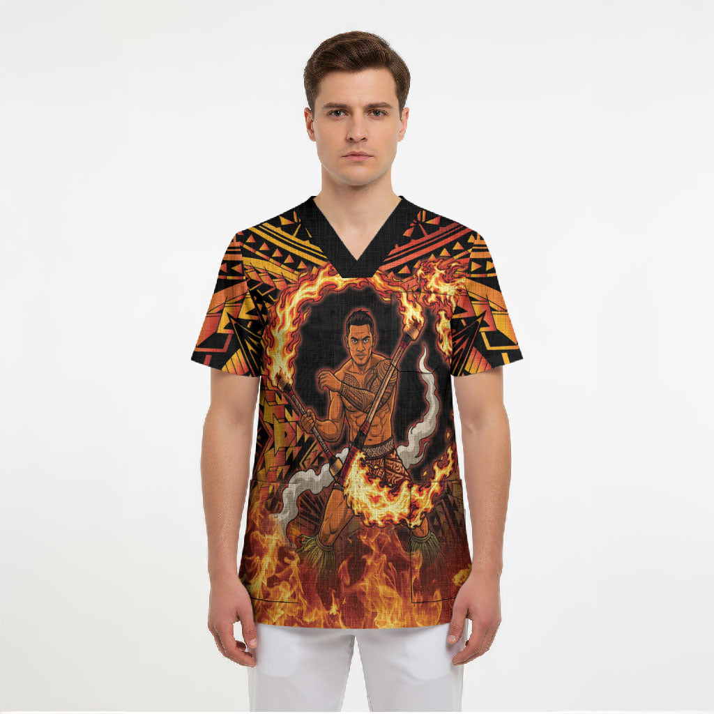 Samoa Siva Afi Dance Fireknife Scrub Top Samoan Tribal Motif Dancing in the Fire