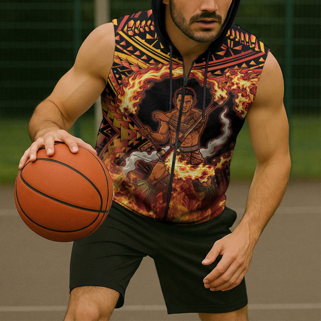 Samoa Siva Afi Dance Fireknife Sleeveless Zip Hoodie Samoan Tribal Motif Dancing in the Fire