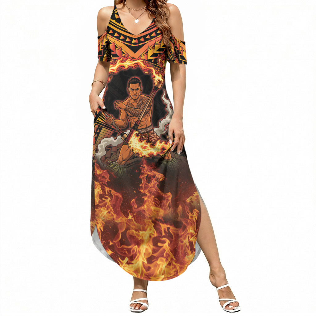 Samoa Siva Afi Dance Fireknife Summer Maxi Dress Samoan Tribal Motif Dancing in the Fire
