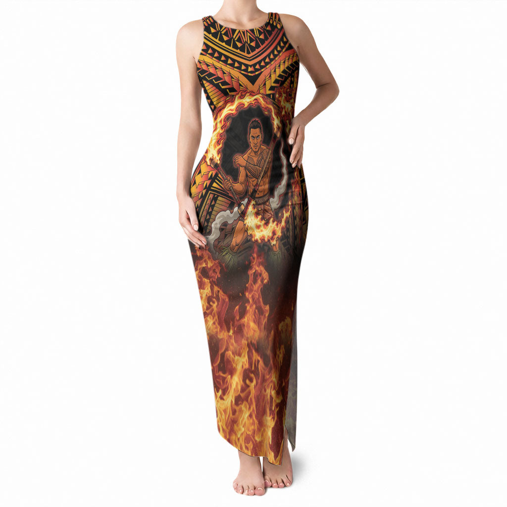 Samoa Siva Afi Dance Fireknife Tank Maxi Dress Samoan Tribal Motif Dancing in the Fire
