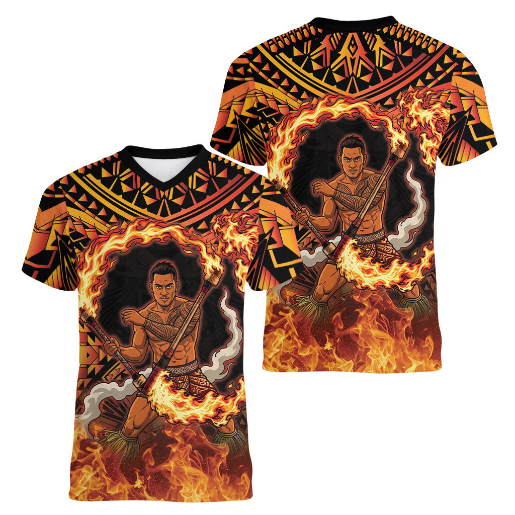 Samoa Siva Afi Dance Fireknife Women V-Neck T-Shirt Samoan Tribal Motif Dancing in the Fire
