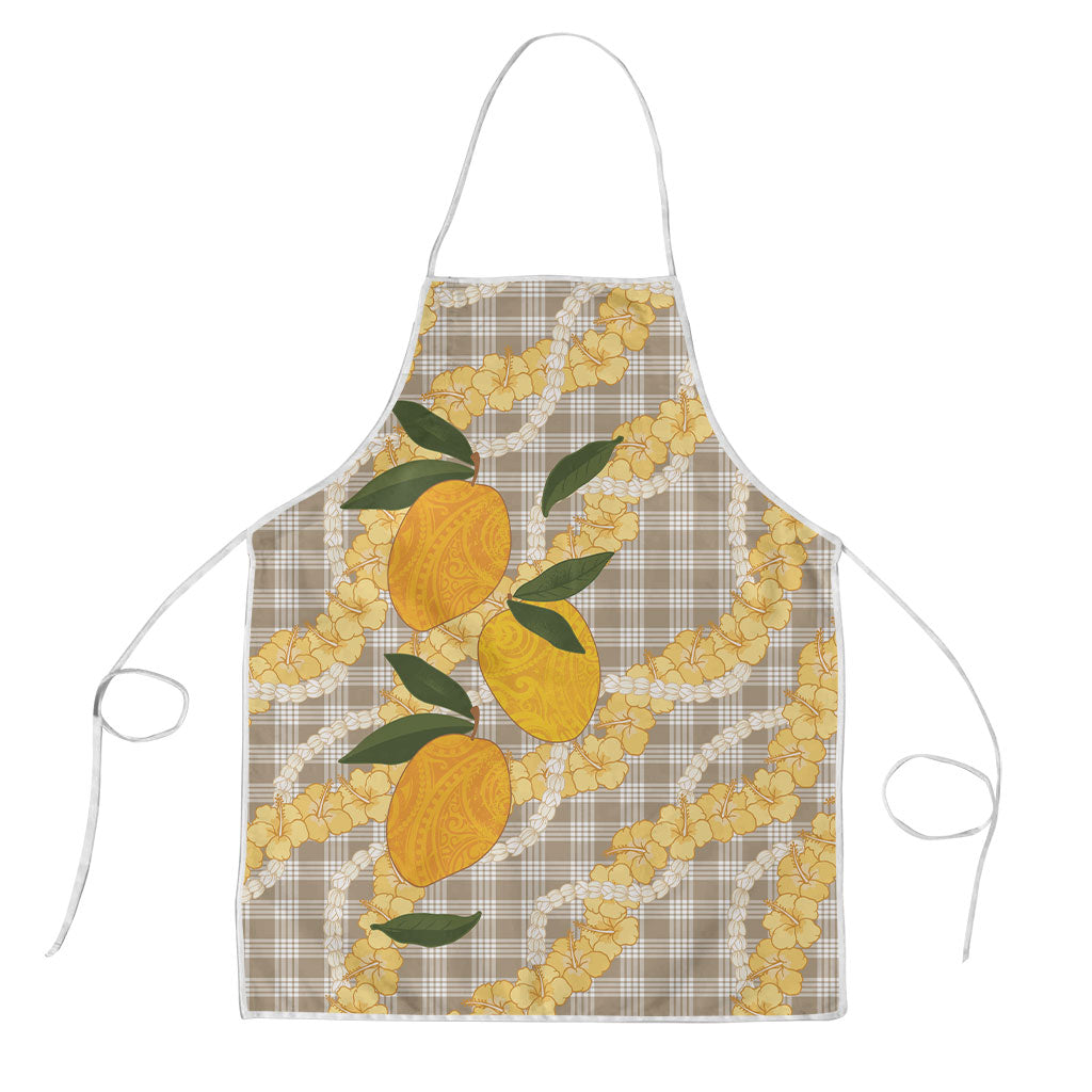 Maku'e Hawaiian Mango Palaka Apron Aloha Hibiscus Pikake Lei