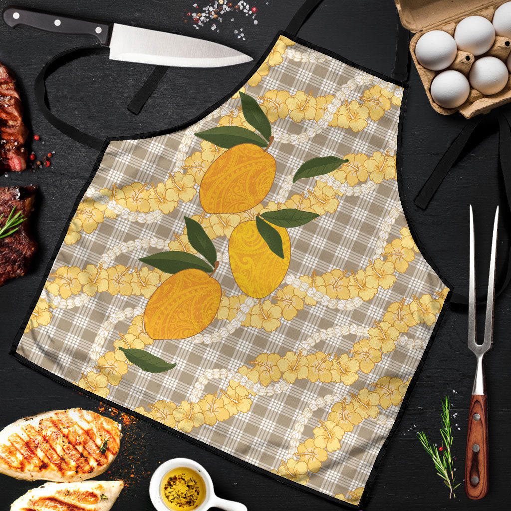 Maku'e Hawaiian Mango Palaka Apron Aloha Hibiscus Pikake Lei