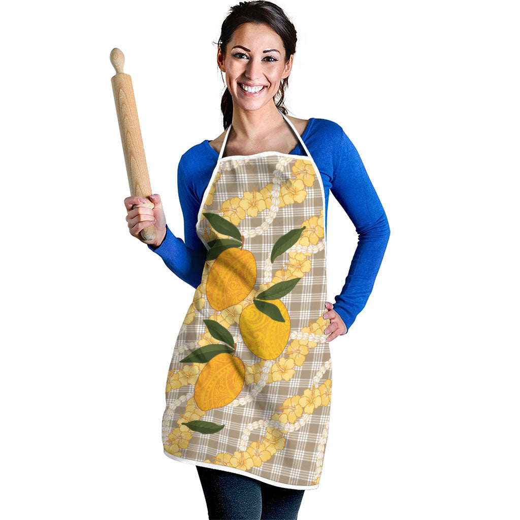 Maku'e Hawaiian Mango Palaka Apron Aloha Hibiscus Pikake Lei