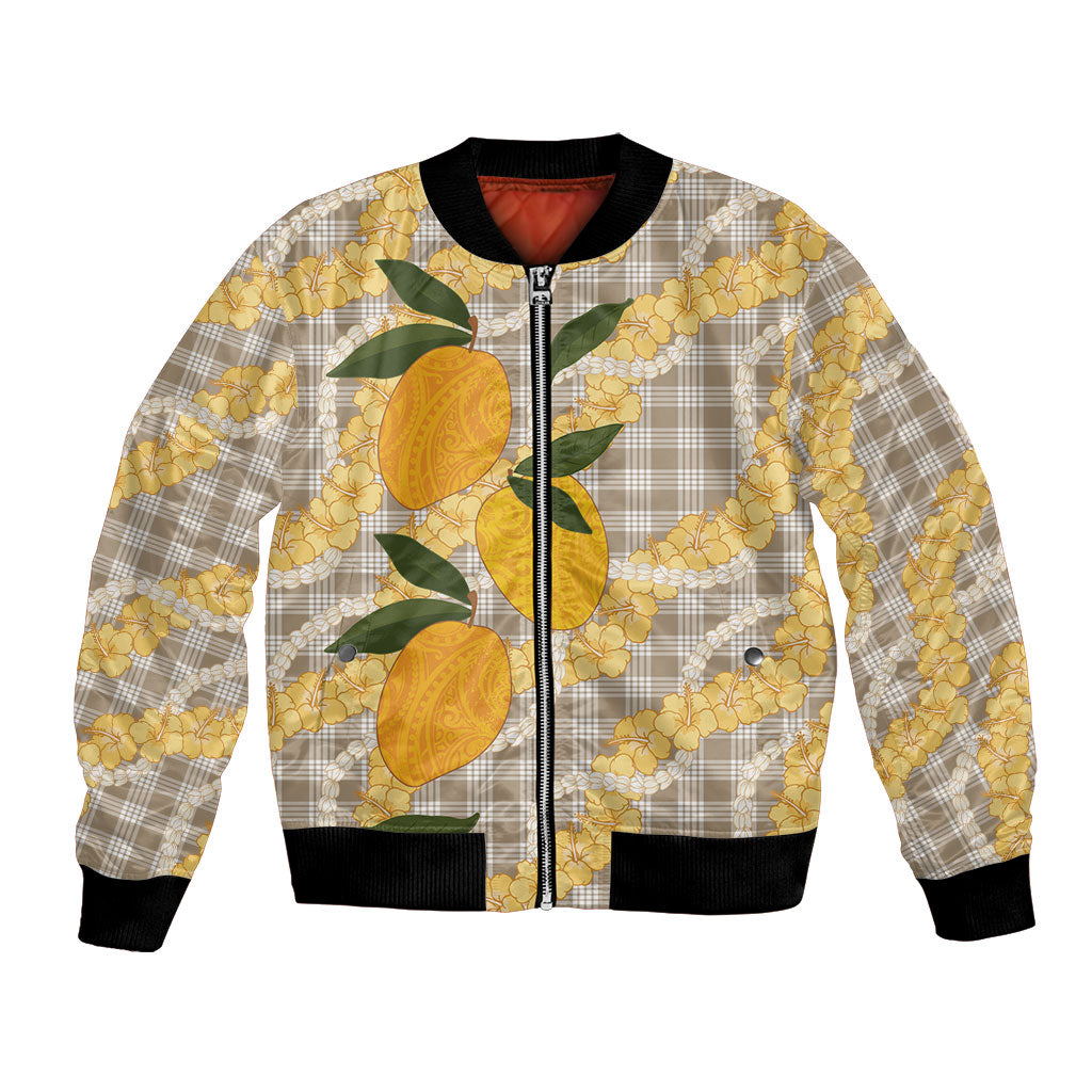 Maku'e Hawaiian Mango Palaka Bomber Jacket Aloha Hibiscus Pikake Lei