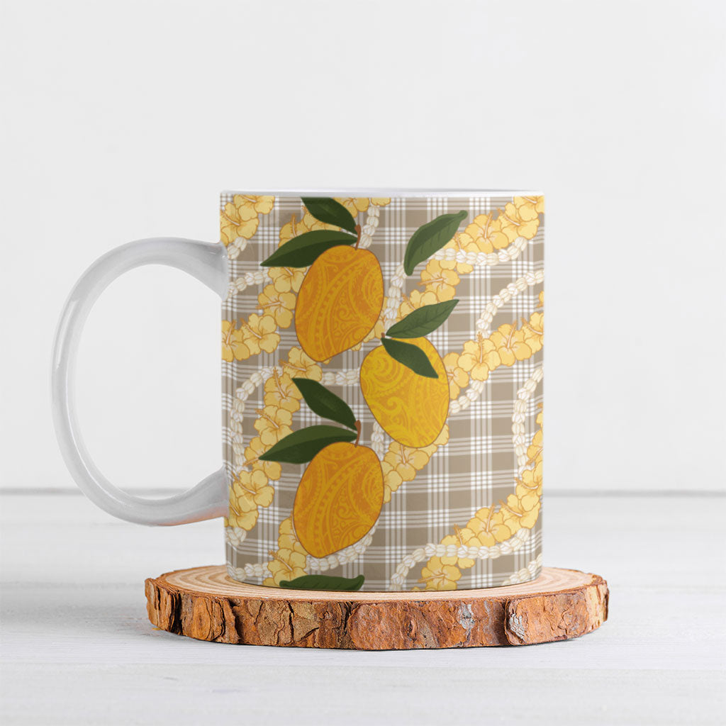 Maku'e Hawaiian Mango Palaka Ceramic Mug Aloha Hibiscus Pikake Lei