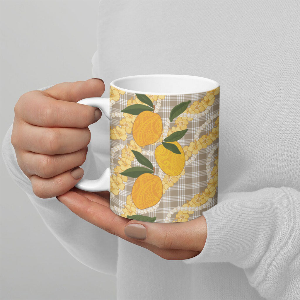 Maku'e Hawaiian Mango Palaka Ceramic Mug Aloha Hibiscus Pikake Lei