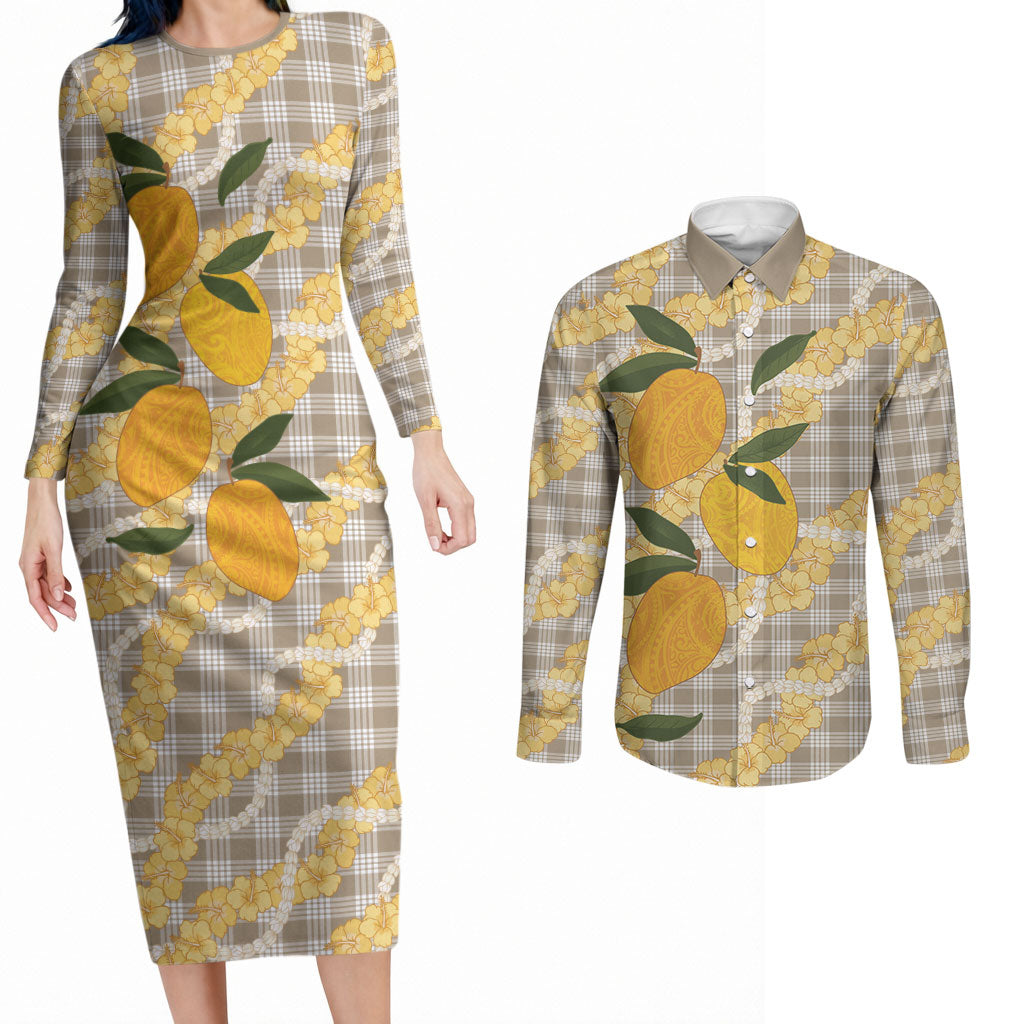 Maku'e Hawaiian Mango Palaka Couples Matching Long Sleeve Bodycon Dress and Long Sleeve Button Shirt Aloha Hibiscus Pikake Lei