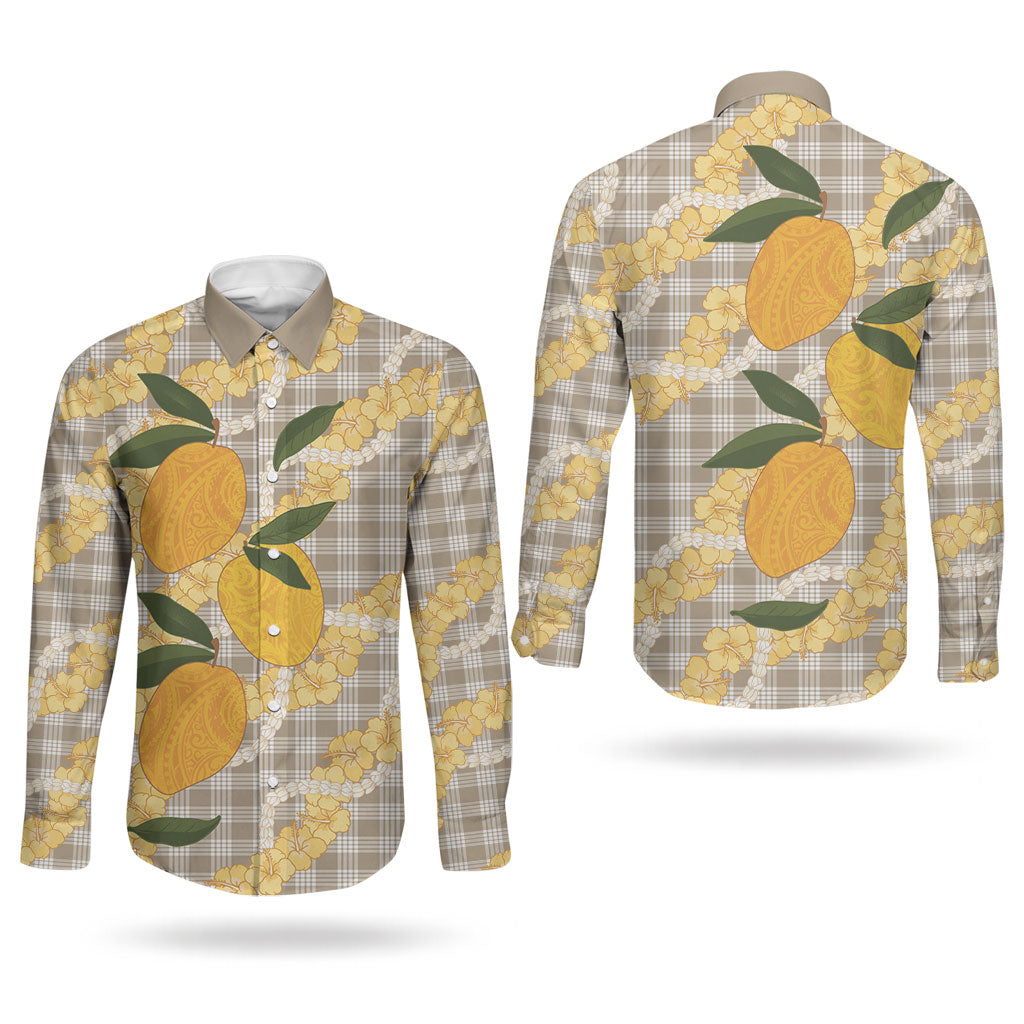 Maku'e Hawaiian Mango Palaka Couples Matching Off Shoulder Maxi Dress and Long Sleeve Button Shirt Aloha Hibiscus Pikake Lei