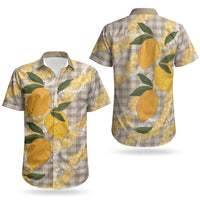 Maku'e Hawaiian Mango Palaka Couples Matching Off Shoulder Short Dress and Hawaiian Shirt Aloha Hibiscus Pikake Lei