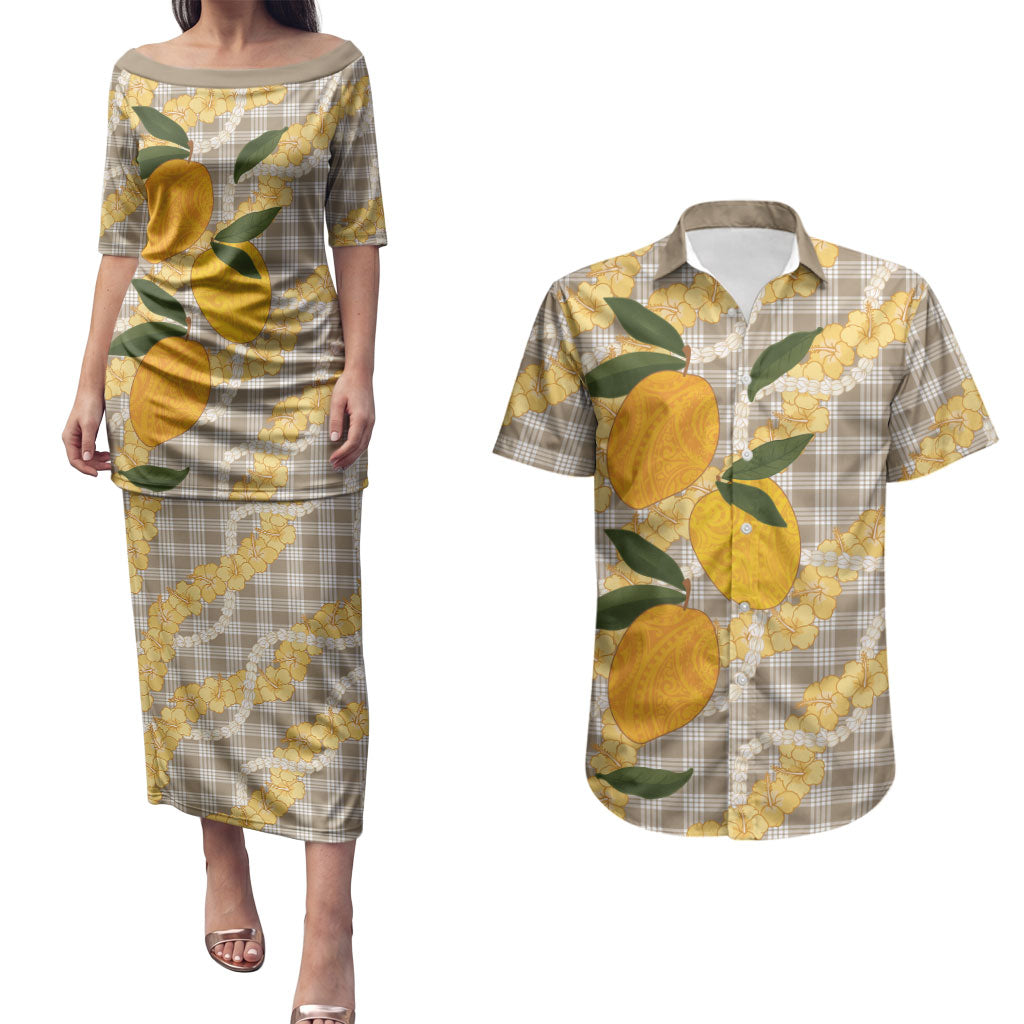 Maku'e Hawaiian Mango Palaka Couples Matching Puletasi and Hawaiian Shirt Aloha Hibiscus Pikake Lei
