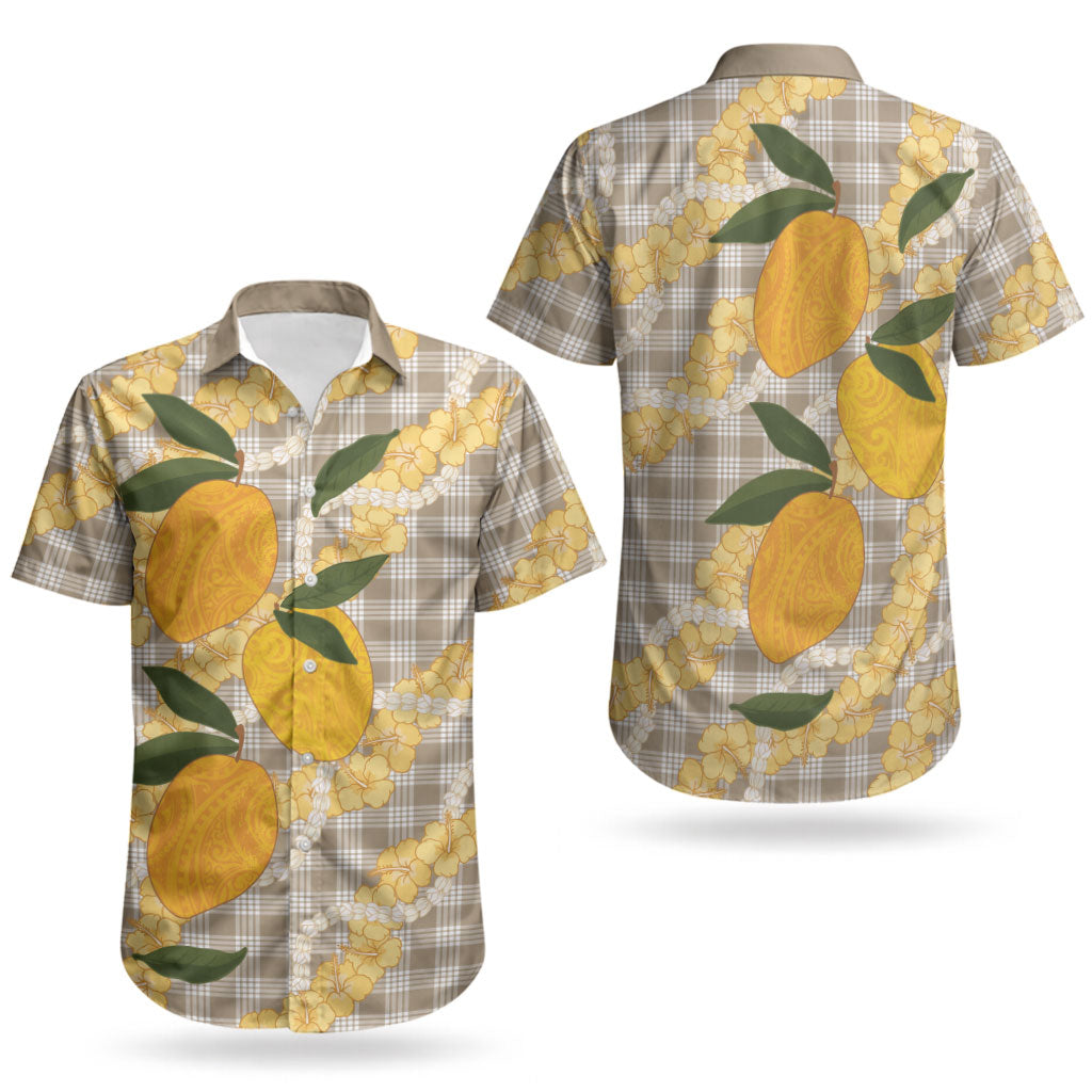 Maku'e Hawaiian Mango Palaka Couples Matching Puletasi and Hawaiian Shirt Aloha Hibiscus Pikake Lei