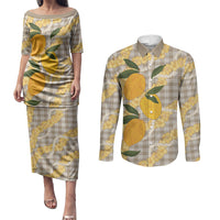 Maku'e Hawaiian Mango Palaka Couples Matching Puletasi and Long Sleeve Button Shirt Aloha Hibiscus Pikake Lei