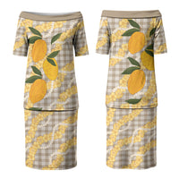 Maku'e Hawaiian Mango Palaka Couples Matching Puletasi and Long Sleeve Button Shirt Aloha Hibiscus Pikake Lei