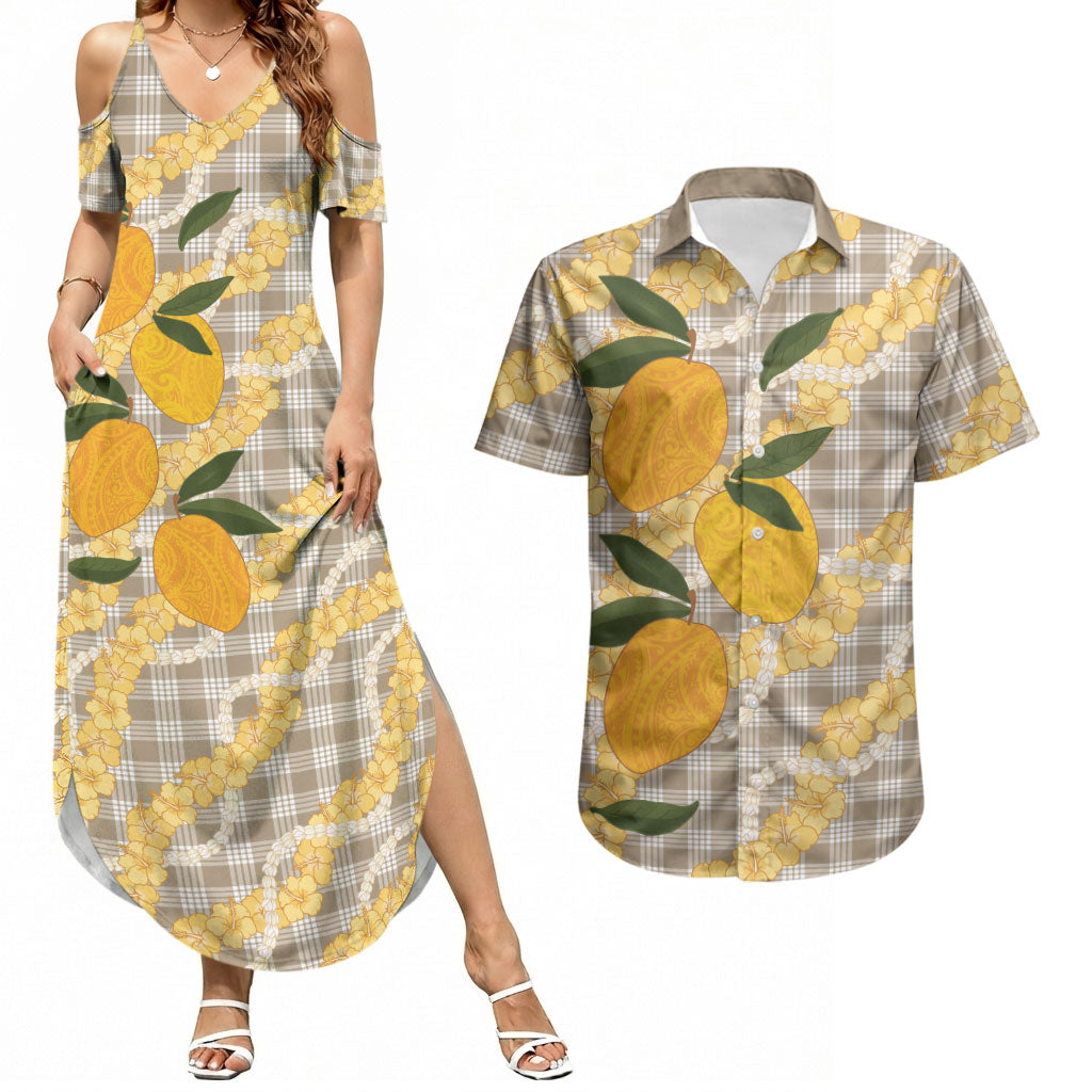 Maku'e Hawaiian Mango Palaka Couples Matching Summer Maxi Dress and Hawaiian Shirt Aloha Hibiscus Pikake Lei