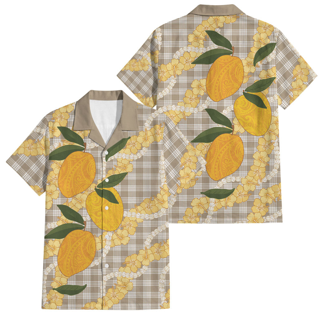 Maku'e Hawaiian Mango Palaka Family Matching Off The Shoulder Long Sleeve Dress and Hawaiian Shirt Aloha Hibiscus Pikake Lei