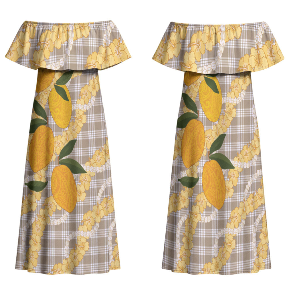 Maku'e Hawaiian Mango Palaka Family Matching Off Shoulder Maxi Dress and Hawaiian Shirt Aloha Hibiscus Pikake Lei