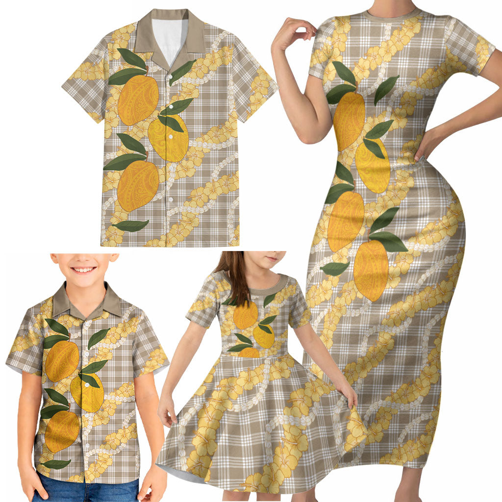 Maku'e Hawaiian Mango Palaka Family Matching Short Sleeve Bodycon Dress and Hawaiian Shirt Aloha Hibiscus Pikake Lei
