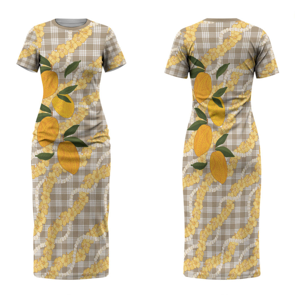 Maku'e Hawaiian Mango Palaka Family Matching Short Sleeve Bodycon Dress and Hawaiian Shirt Aloha Hibiscus Pikake Lei