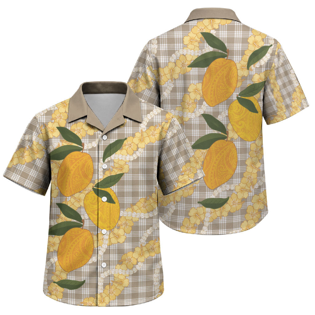 Maku'e Hawaiian Mango Palaka Family Matching Short Sleeve Bodycon Dress and Hawaiian Shirt Aloha Hibiscus Pikake Lei