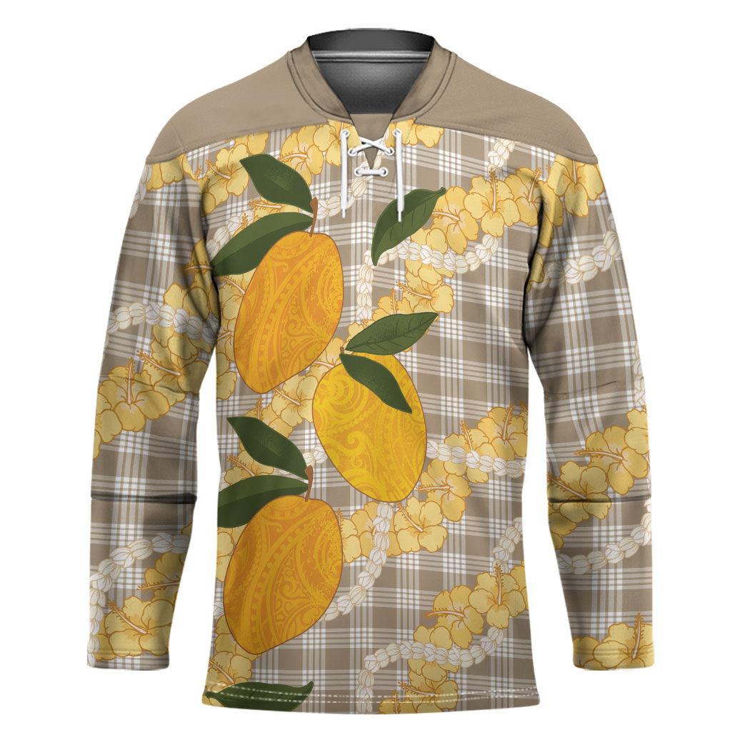 Maku'e Hawaiian Mango Palaka Hockey Jersey Aloha Hibiscus Pikake Lei