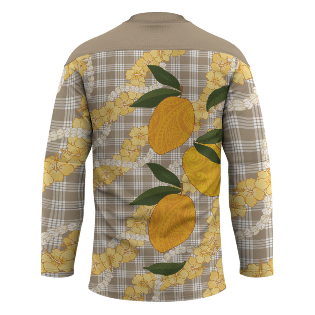 Maku'e Hawaiian Mango Palaka Hockey Jersey Aloha Hibiscus Pikake Lei