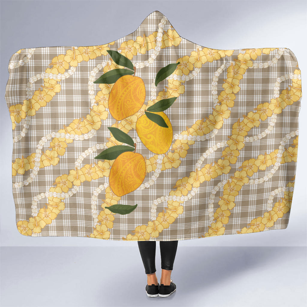 Maku'e Hawaiian Mango Palaka Hooded Blanket Aloha Hibiscus Pikake Lei