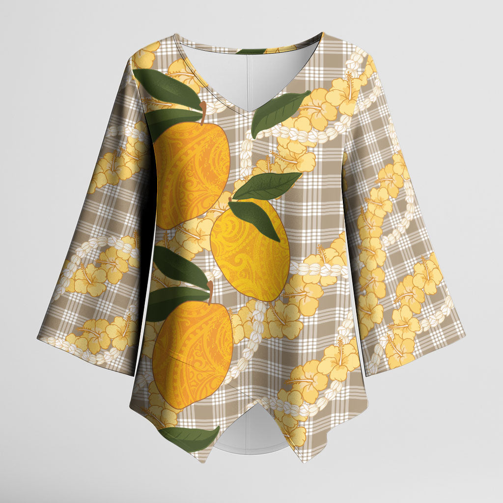 Maku'e Hawaiian Mango Palaka Kimono Sleeve Blouse Aloha Hibiscus Pikake Lei