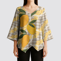 Maku'e Hawaiian Mango Palaka Kimono Sleeve Blouse Aloha Hibiscus Pikake Lei