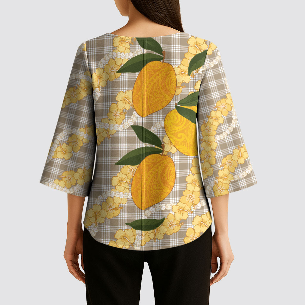 Maku'e Hawaiian Mango Palaka Kimono Sleeve Blouse Aloha Hibiscus Pikake Lei