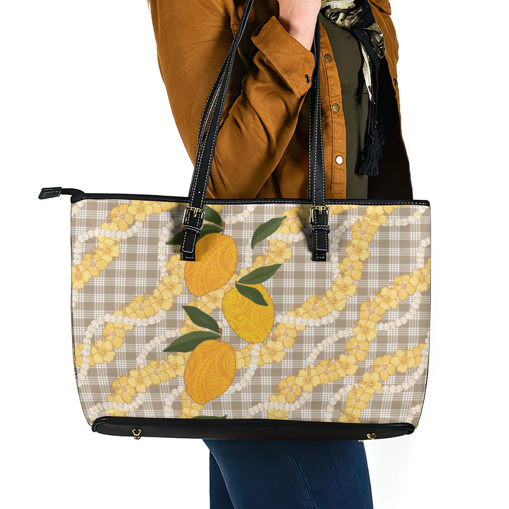 Maku'e Hawaiian Mango Palaka Leather Tote Bag Aloha Hibiscus Pikake Lei