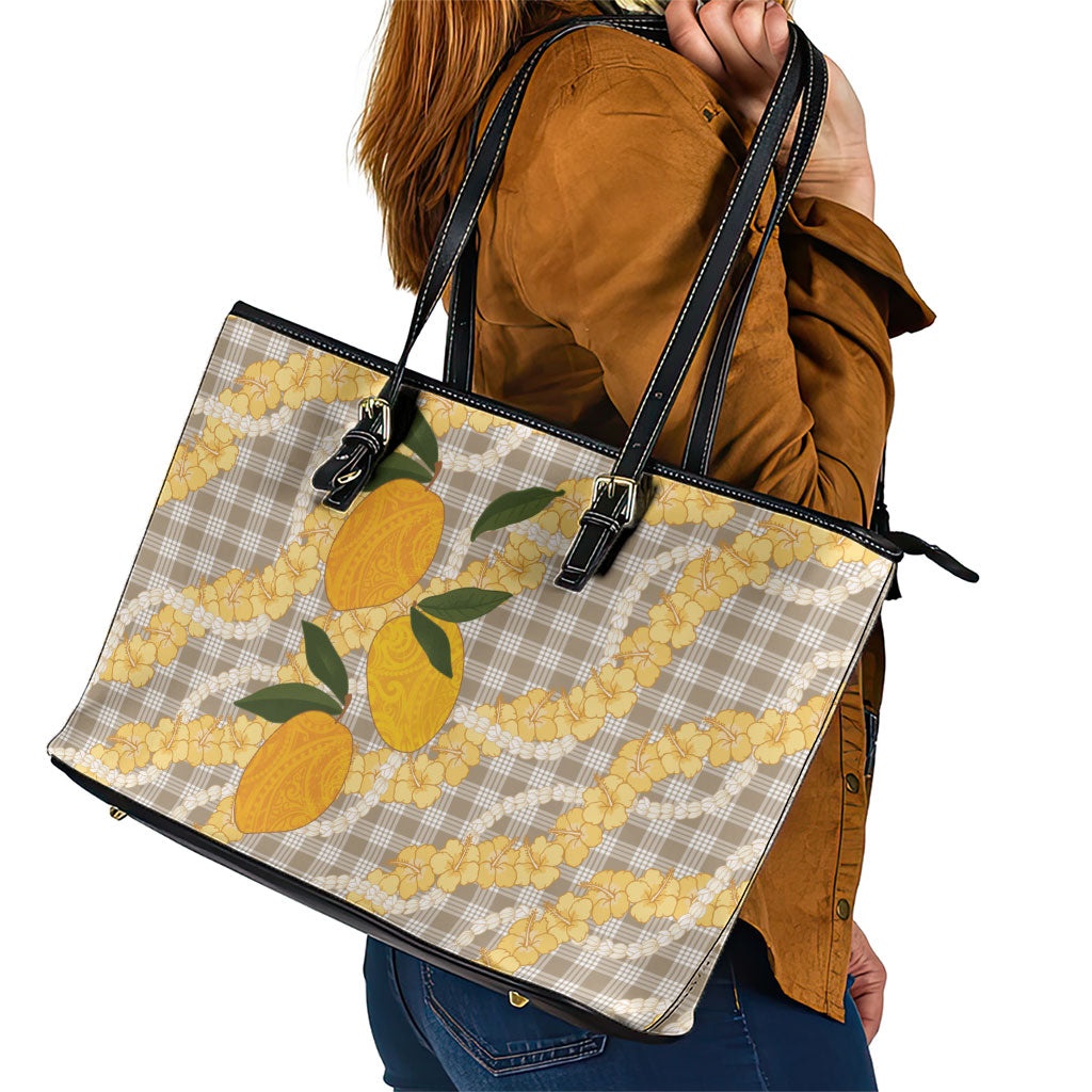 Maku'e Hawaiian Mango Palaka Leather Tote Bag Aloha Hibiscus Pikake Lei