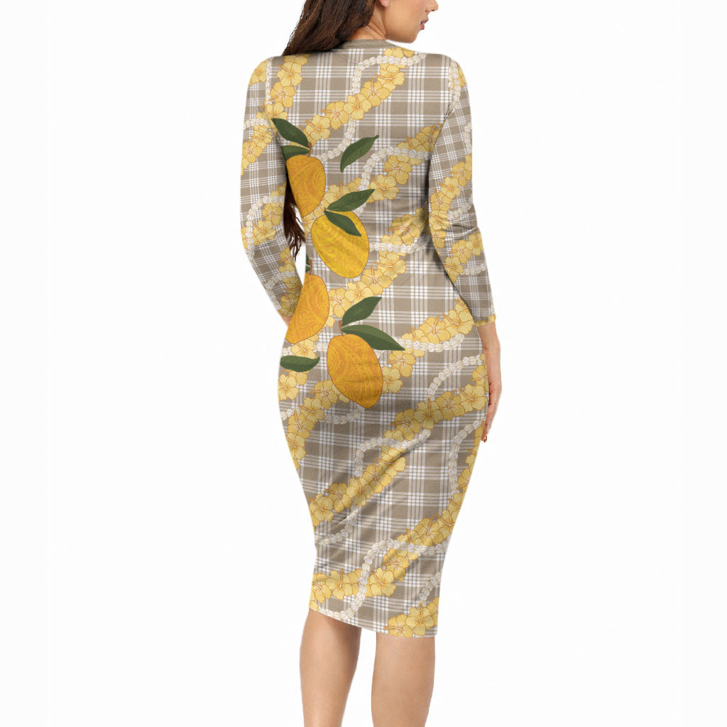 Maku'e Hawaiian Mango Palaka Long Sleeve Bodycon Dress Aloha Hibiscus Pikake Lei