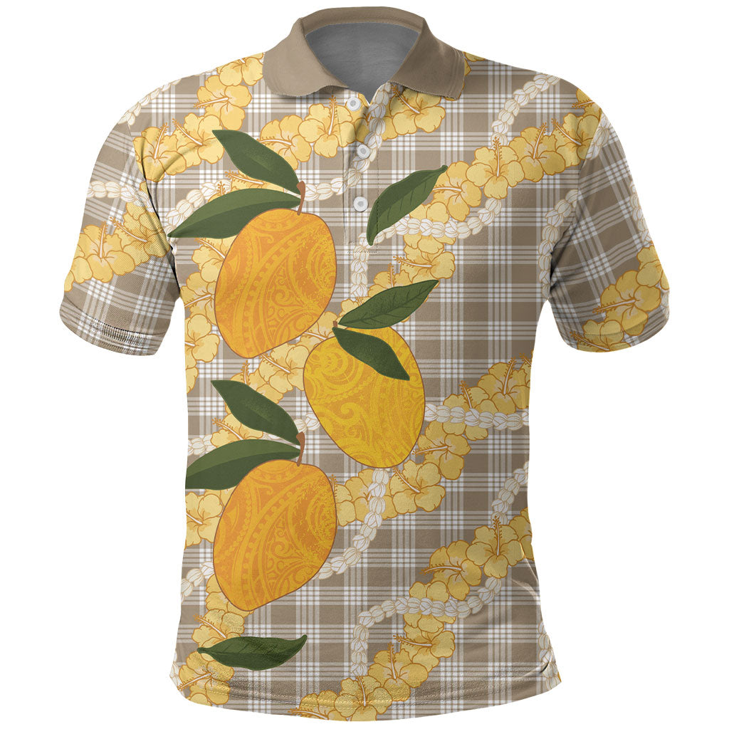 Maku'e Hawaiian Mango Palaka Polo Shirt Aloha Hibiscus Pikake Lei