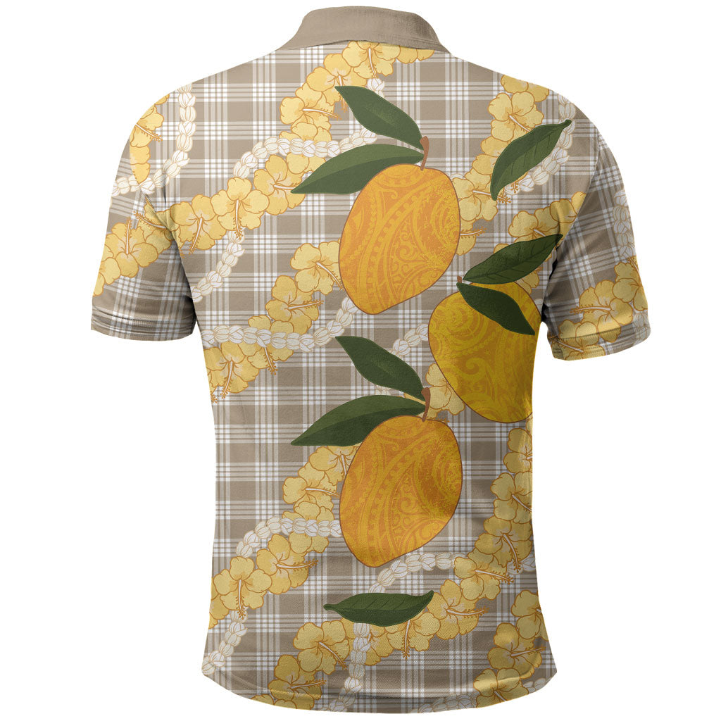 Maku'e Hawaiian Mango Palaka Polo Shirt Aloha Hibiscus Pikake Lei