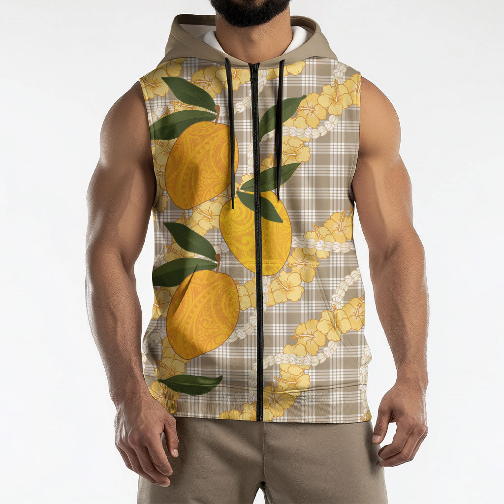 Maku'e Hawaiian Mango Palaka Sleeveless Zip Hoodie Aloha Hibiscus Pikake Lei