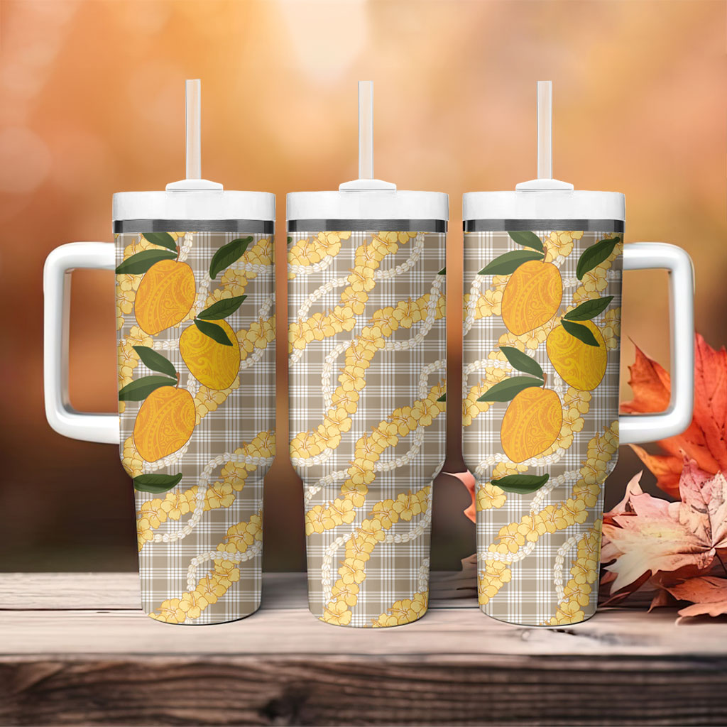 Maku'e Hawaiian Mango Palaka Tumbler With Handle Aloha Hibiscus Pikake Lei