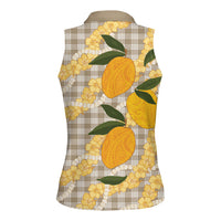 Maku'e Hawaiian Mango Palaka Women Sleeveless Polo Shirt Aloha Hibiscus Pikake Lei