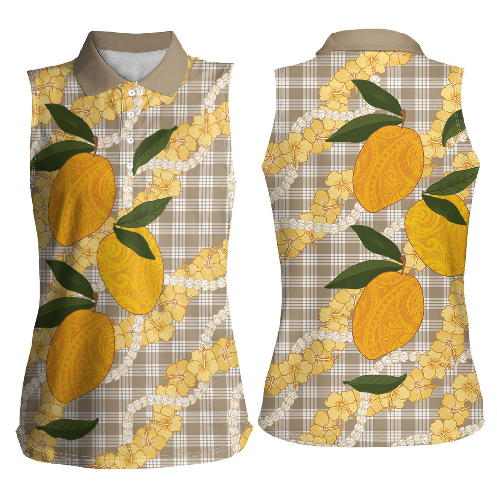 Maku'e Hawaiian Mango Palaka Women Sleeveless Polo Shirt Aloha Hibiscus Pikake Lei