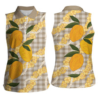 Maku'e Hawaiian Mango Palaka Women Sleeveless Polo Shirt Aloha Hibiscus Pikake Lei