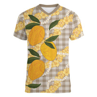 Maku'e Hawaiian Mango Palaka Women V-Neck T-Shirt Aloha Hibiscus Pikake Lei